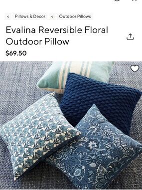 Pottery Barn Two Blue Floral Pattern Decorative Outdoor Reversible Throw Pillows
